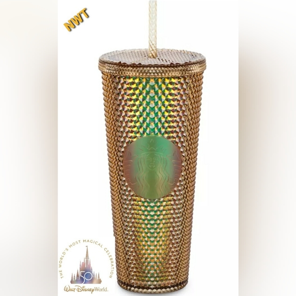 Walt Disney World 50th anniversary Gold Starbucks geometric Tumbler w/ straw.NWT - Picture 1 of 10